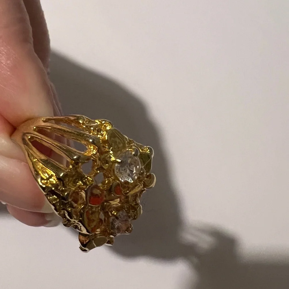 Vintage Men’s Gold Tone Nugget Cluster Ring with Clear Stone Accents - Size 11